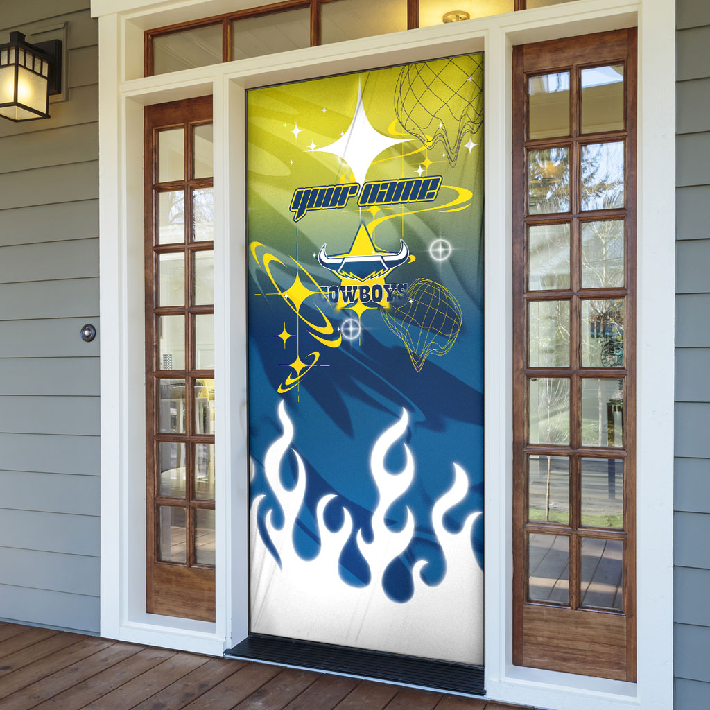 Personalized North Queensland Cowboys Door Cover Y2K Grunge Aesthetic With Cyber Flames and Starburst Graphics
