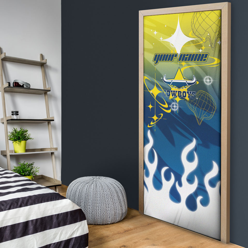 Personalized North Queensland Cowboys Door Cover Y2K Grunge Aesthetic With Cyber Flames and Starburst Graphics