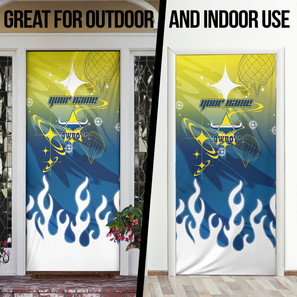 Personalized North Queensland Cowboys Door Cover Y2K Grunge Aesthetic With Cyber Flames and Starburst Graphics