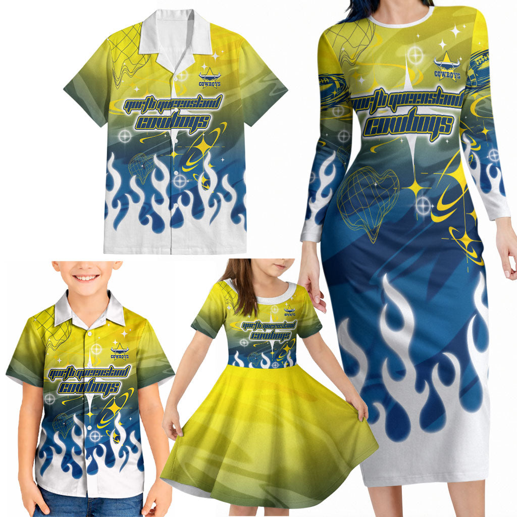 Personalized North Queensland Cowboys Family Matching Long Sleeve Bodycon Dress and Hawaiian Shirt Y2K Grunge Aesthetic With Cyber Flames and Starburst Graphics