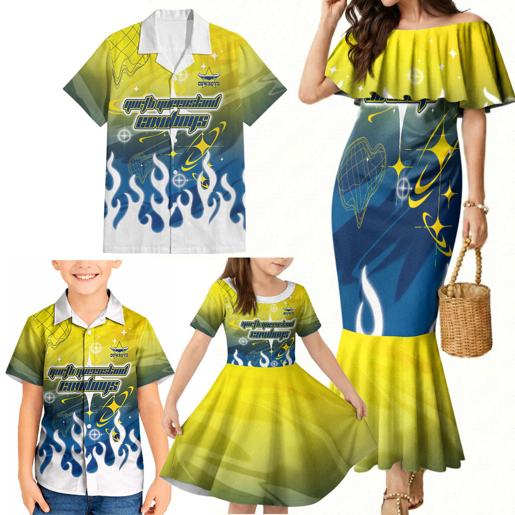 Personalized North Queensland Cowboys Family Matching Mermaid Dress and Hawaiian Shirt Y2K Grunge Aesthetic With Cyber Flames and Starburst Graphics