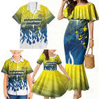 Personalized North Queensland Cowboys Family Matching Mermaid Dress and Hawaiian Shirt Y2K Grunge Aesthetic With Cyber Flames and Starburst Graphics