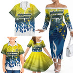 Personalized North Queensland Cowboys Family Matching Off The Shoulder Long Sleeve Dress and Hawaiian Shirt Y2K Grunge Aesthetic With Cyber Flames and Starburst Graphics