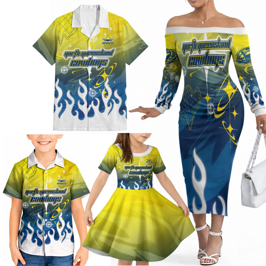 Personalized North Queensland Cowboys Family Matching Off The Shoulder Long Sleeve Dress and Hawaiian Shirt Y2K Grunge Aesthetic With Cyber Flames and Starburst Graphics
