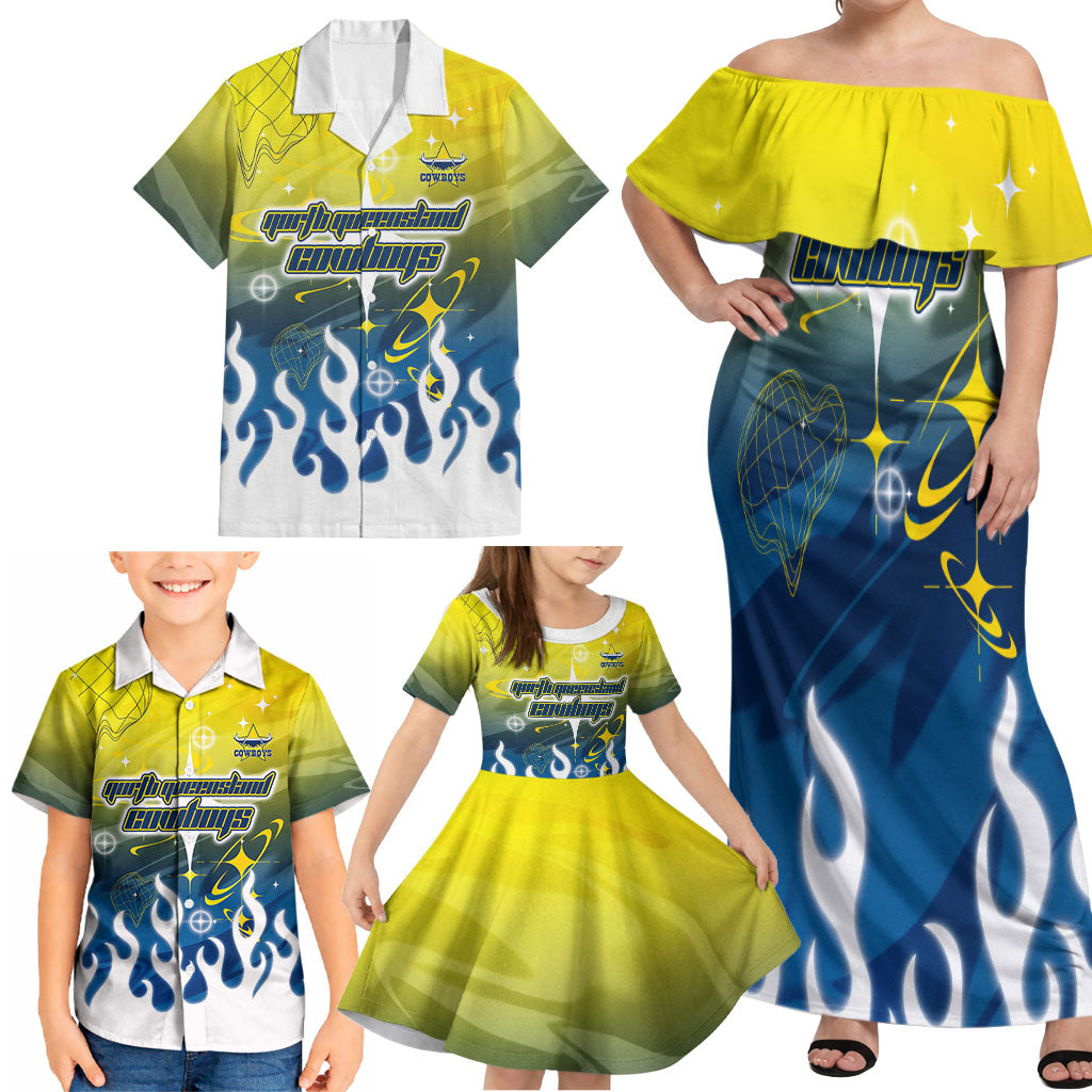 Personalized North Queensland Cowboys Family Matching Off Shoulder Maxi Dress and Hawaiian Shirt Y2K Grunge Aesthetic With Cyber Flames and Starburst Graphics