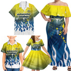 Personalized North Queensland Cowboys Family Matching Off Shoulder Maxi Dress and Hawaiian Shirt Y2K Grunge Aesthetic With Cyber Flames and Starburst Graphics