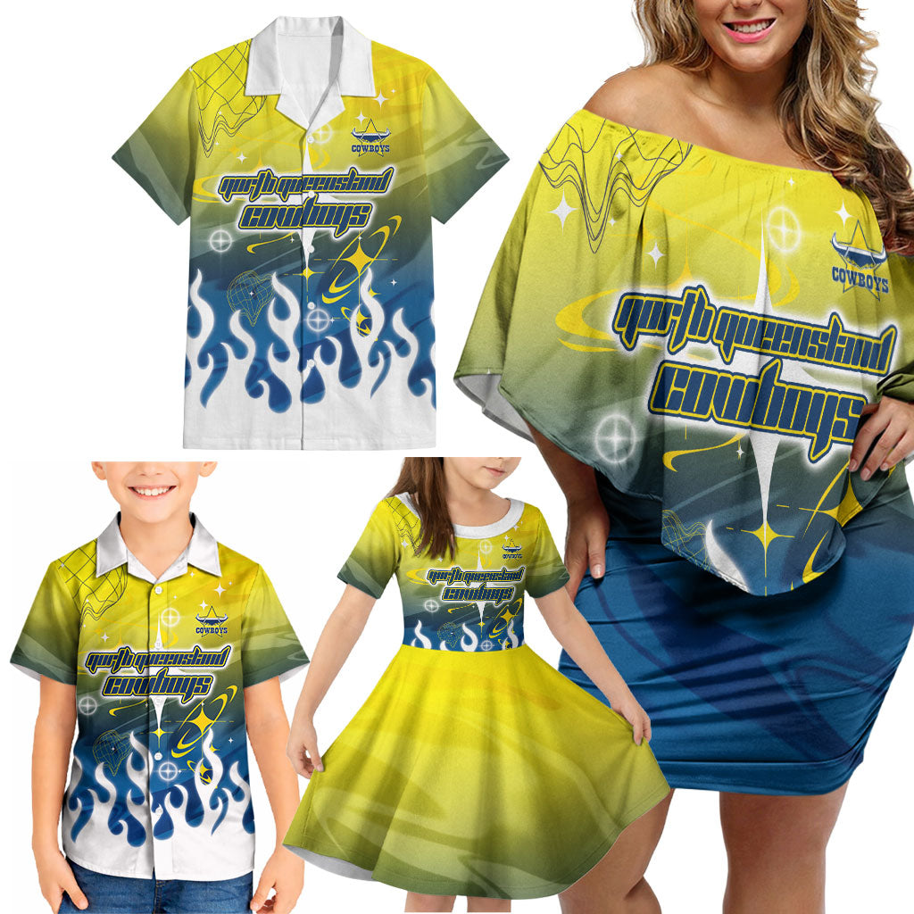 Personalized North Queensland Cowboys Family Matching Off Shoulder Short Dress and Hawaiian Shirt Y2K Grunge Aesthetic With Cyber Flames and Starburst Graphics