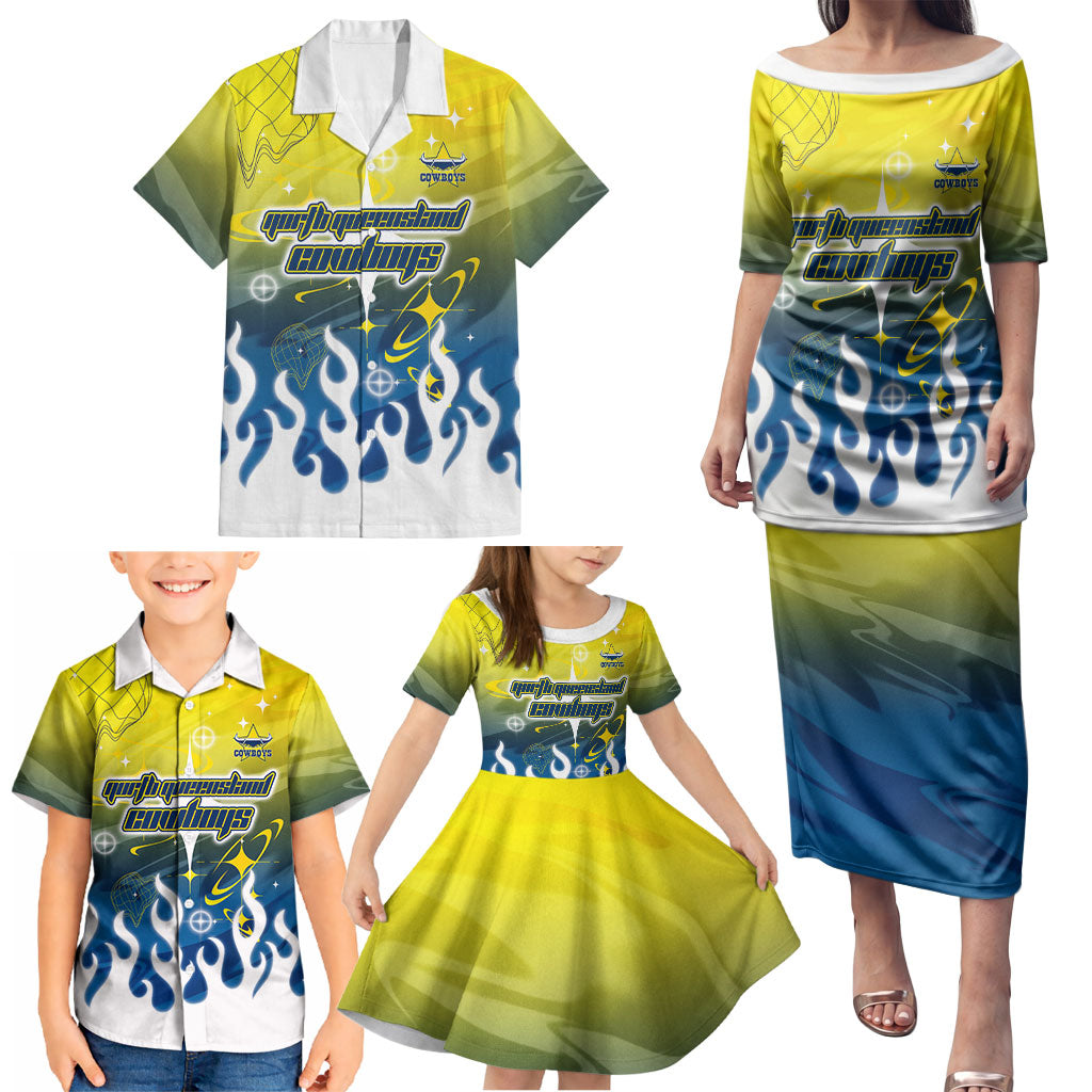 Personalized North Queensland Cowboys Family Matching Puletasi and Hawaiian Shirt Y2K Grunge Aesthetic With Cyber Flames and Starburst Graphics