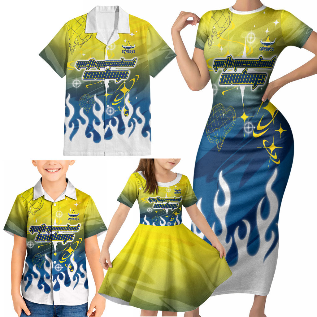 Personalized North Queensland Cowboys Family Matching Short Sleeve Bodycon Dress and Hawaiian Shirt Y2K Grunge Aesthetic With Cyber Flames and Starburst Graphics
