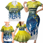 Personalized North Queensland Cowboys Family Matching Short Sleeve Bodycon Dress and Hawaiian Shirt Y2K Grunge Aesthetic With Cyber Flames and Starburst Graphics