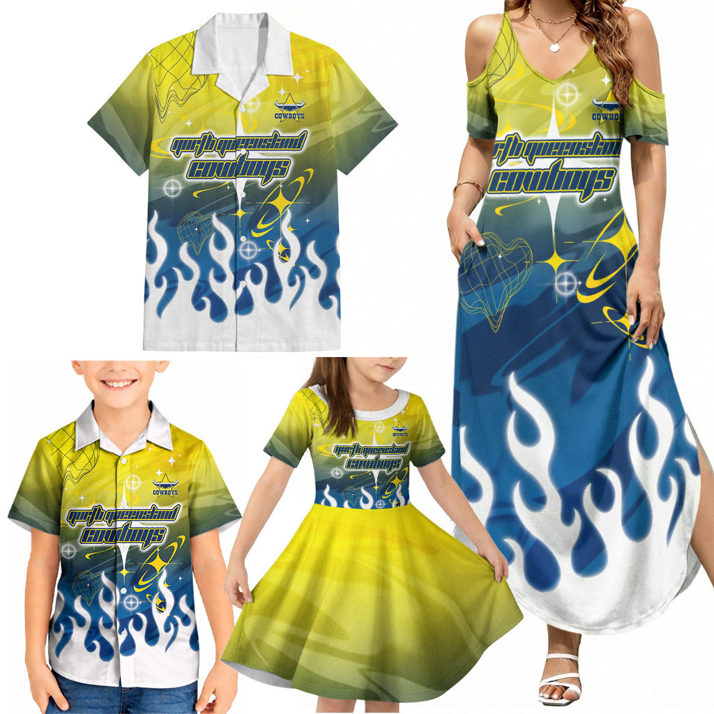 Personalized North Queensland Cowboys Family Matching Summer Maxi Dress and Hawaiian Shirt Y2K Grunge Aesthetic With Cyber Flames and Starburst Graphics
