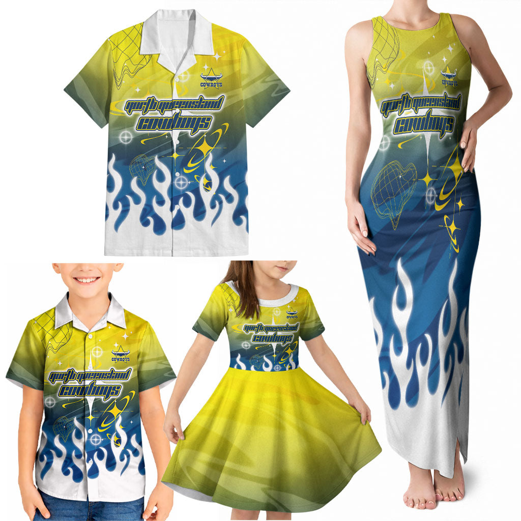 Personalized North Queensland Cowboys Family Matching Tank Maxi Dress and Hawaiian Shirt Y2K Grunge Aesthetic With Cyber Flames and Starburst Graphics