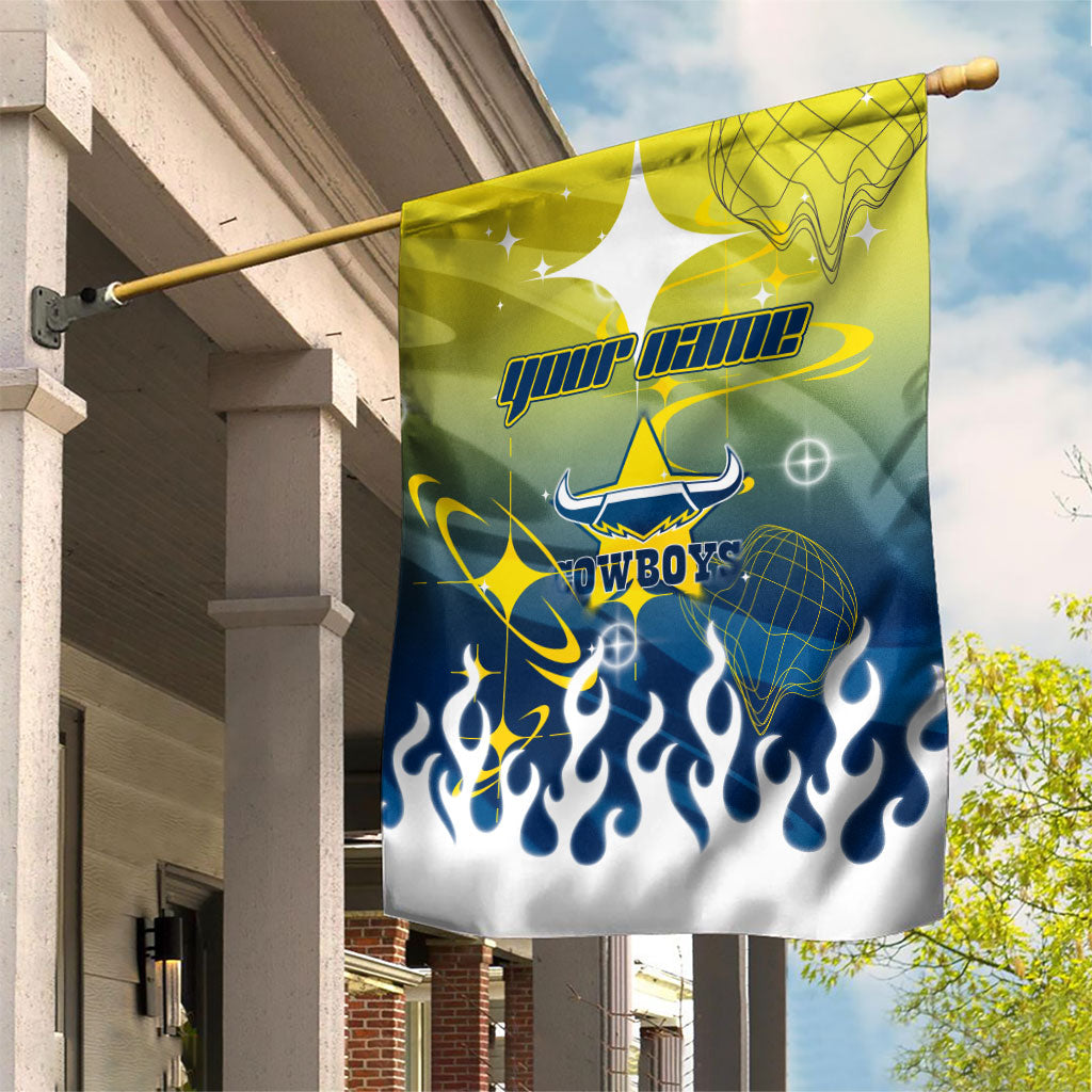 Personalized North Queensland Cowboys Garden Flag Y2K Grunge Aesthetic With Cyber Flames and Starburst Graphics