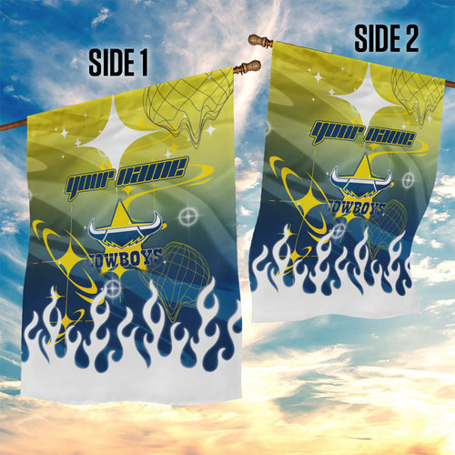 Personalized North Queensland Cowboys Garden Flag Y2K Grunge Aesthetic With Cyber Flames and Starburst Graphics