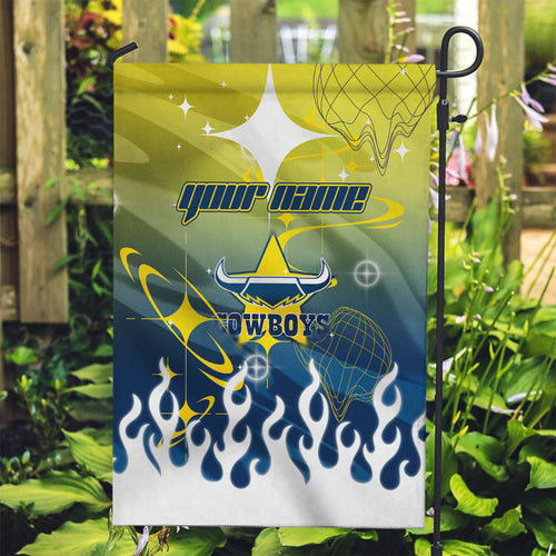 Personalized North Queensland Cowboys Garden Flag Y2K Grunge Aesthetic With Cyber Flames and Starburst Graphics