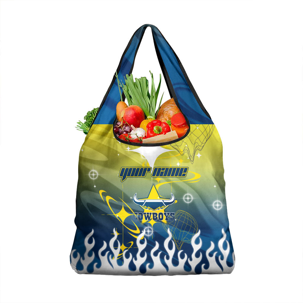 Personalized North Queensland Cowboys Grocery Bag Y2K Grunge Aesthetic With Cyber Flames and Starburst Graphics