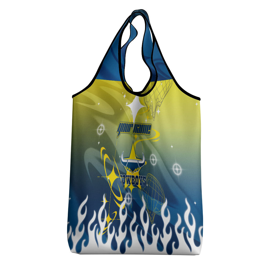 Personalized North Queensland Cowboys Grocery Bag Y2K Grunge Aesthetic With Cyber Flames and Starburst Graphics