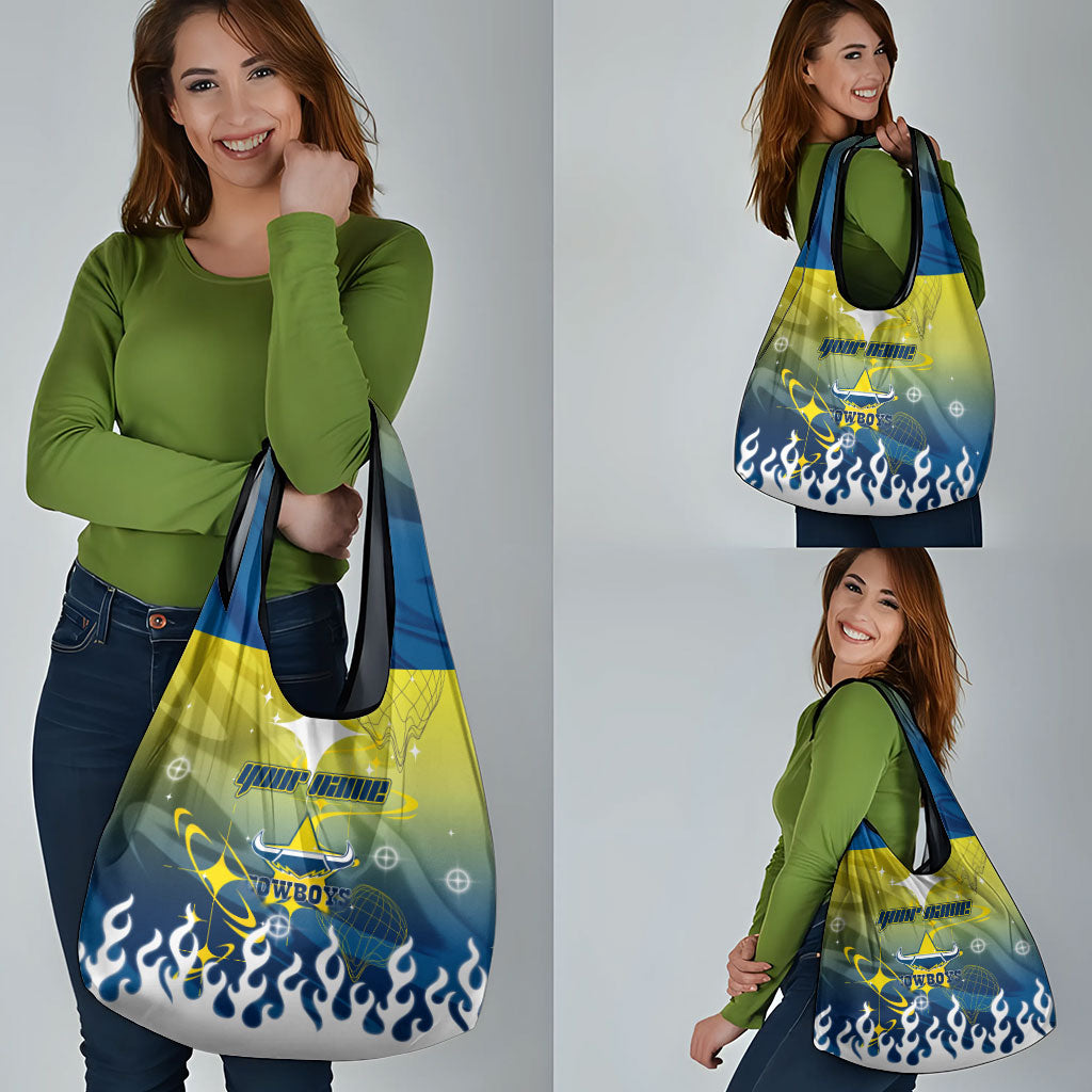 Personalized North Queensland Cowboys Grocery Bag Y2K Grunge Aesthetic With Cyber Flames and Starburst Graphics