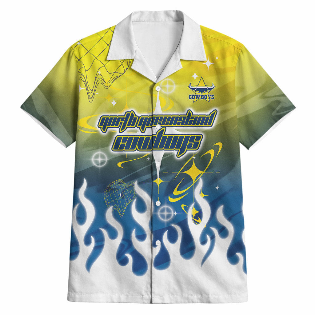 Personalized North Queensland Cowboys Hawaiian Shirt Y2K Grunge Aesthetic With Cyber Flames and Starburst Graphics