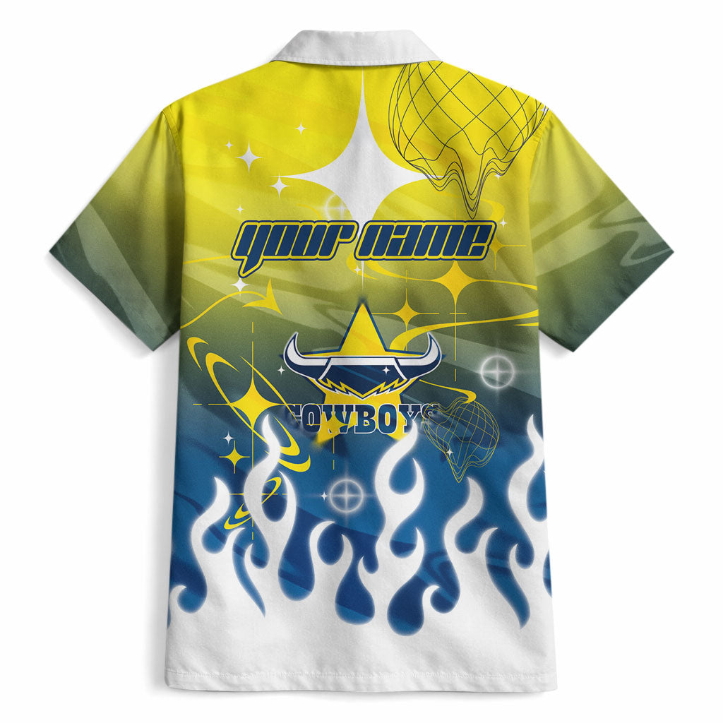 Personalized North Queensland Cowboys Hawaiian Shirt Y2K Grunge Aesthetic With Cyber Flames and Starburst Graphics