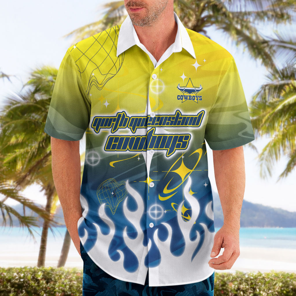 Personalized North Queensland Cowboys Hawaiian Shirt Y2K Grunge Aesthetic With Cyber Flames and Starburst Graphics