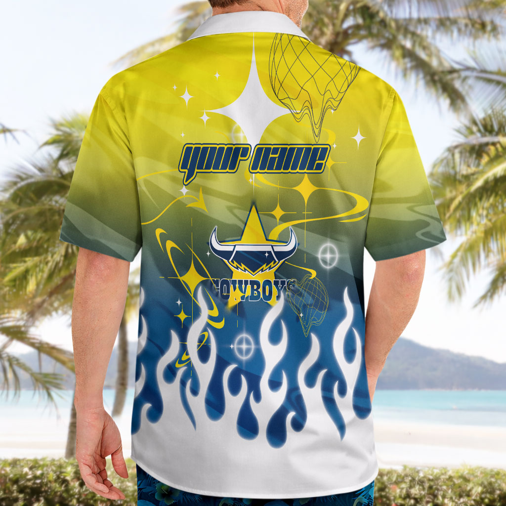 Personalized North Queensland Cowboys Hawaiian Shirt Y2K Grunge Aesthetic With Cyber Flames and Starburst Graphics