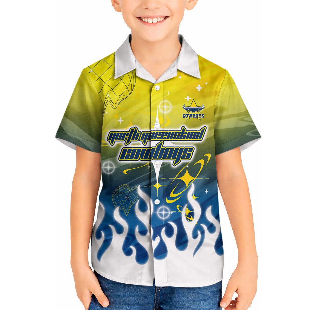 Personalized North Queensland Cowboys Hawaiian Shirt Y2K Grunge Aesthetic With Cyber Flames and Starburst Graphics