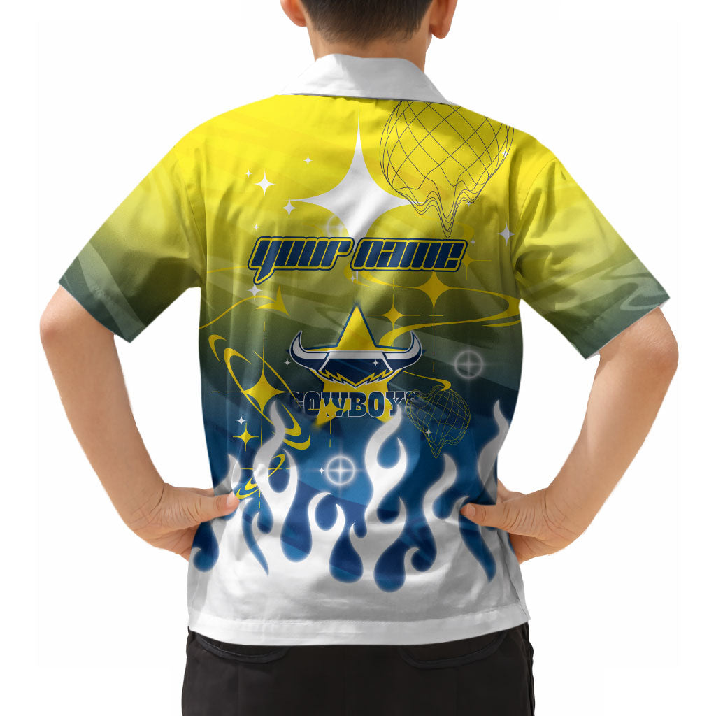 Personalized North Queensland Cowboys Hawaiian Shirt Y2K Grunge Aesthetic With Cyber Flames and Starburst Graphics
