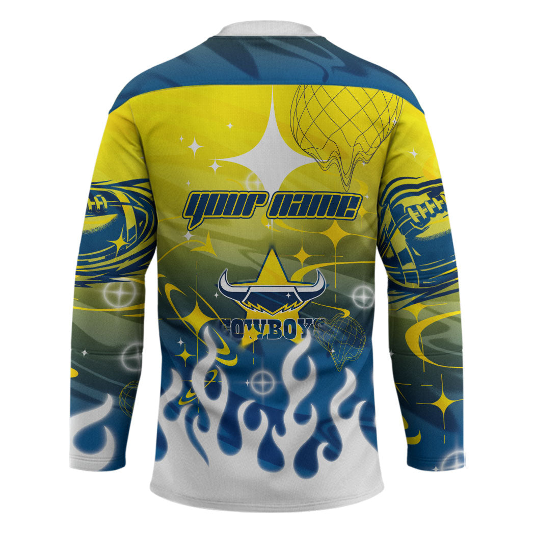 Personalized North Queensland Cowboys Hockey Jersey Y2K Grunge Aesthetic With Cyber Flames and Starburst Graphics
