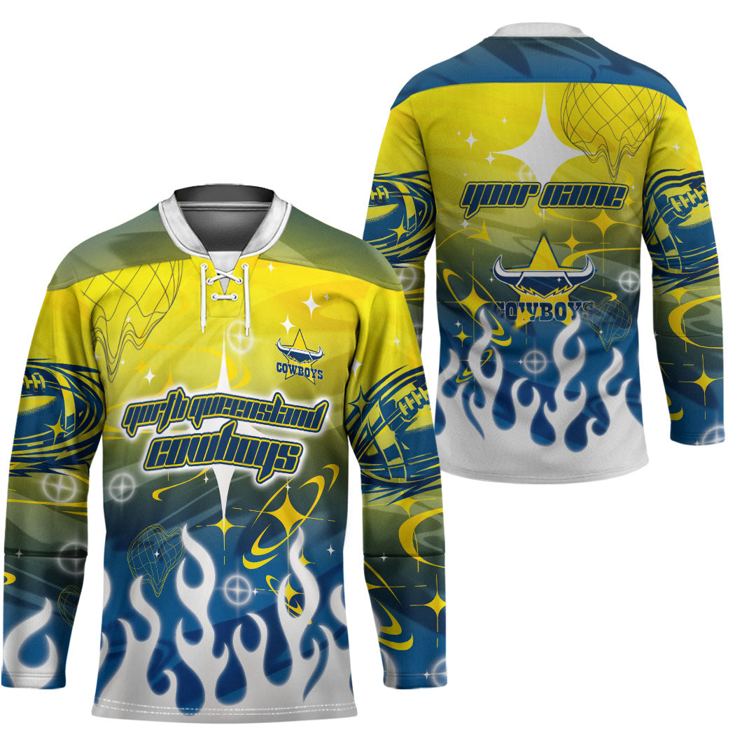 Personalized North Queensland Cowboys Hockey Jersey Y2K Grunge Aesthetic With Cyber Flames and Starburst Graphics