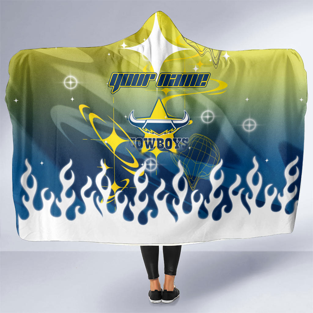 Personalized North Queensland Cowboys Hooded Blanket Y2K Grunge Aesthetic With Cyber Flames and Starburst Graphics