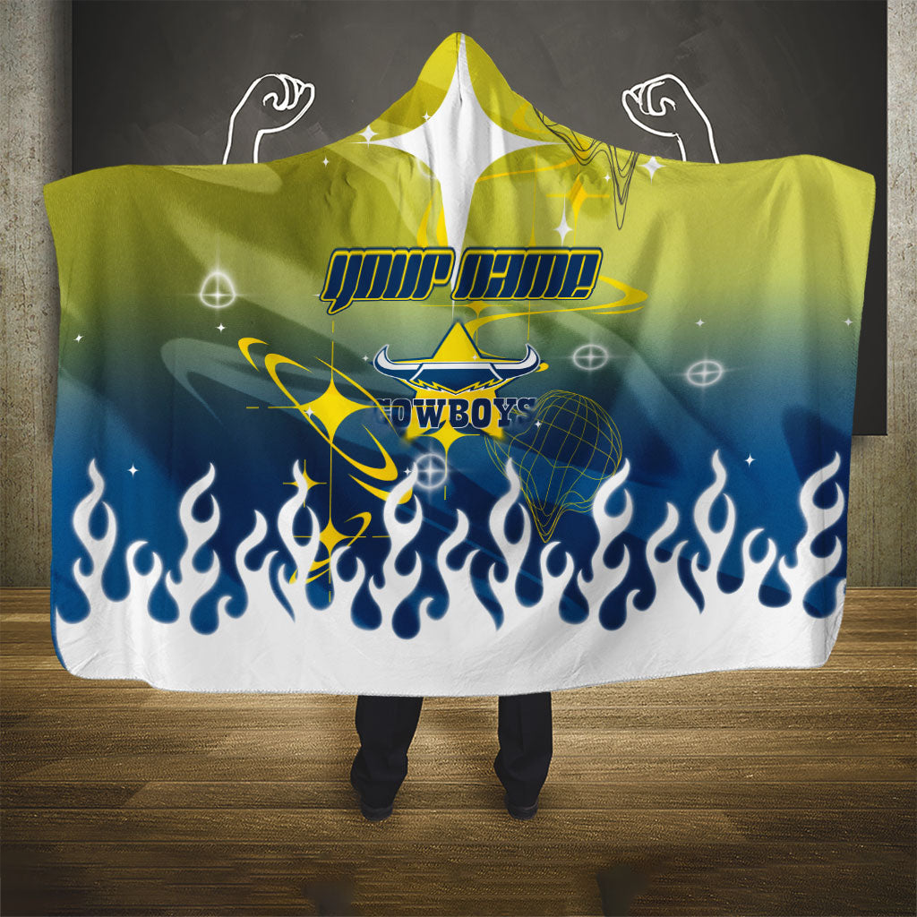 Personalized North Queensland Cowboys Hooded Blanket Y2K Grunge Aesthetic With Cyber Flames and Starburst Graphics