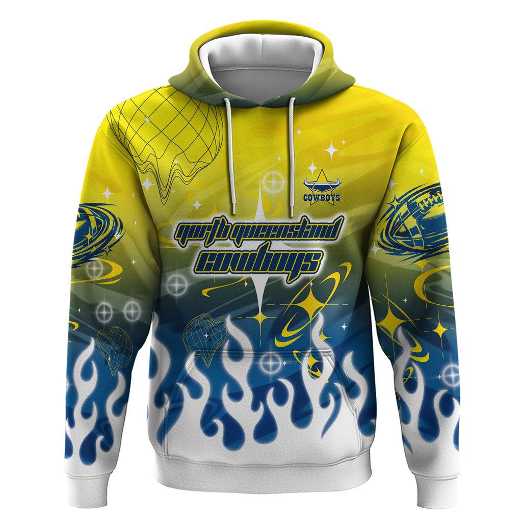 Personalized North Queensland Cowboys Hoodie Y2K Grunge Aesthetic With Cyber Flames and Starburst Graphics