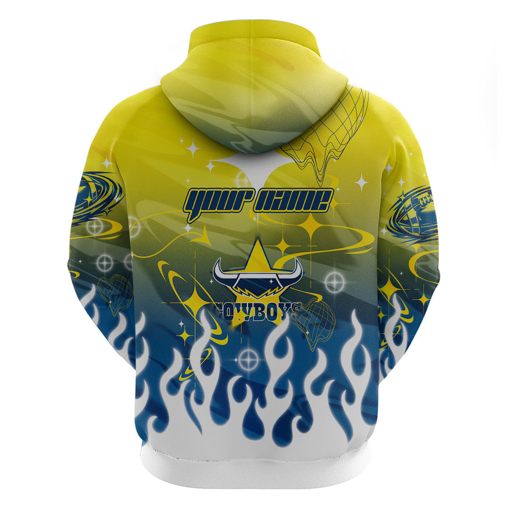 Personalized North Queensland Cowboys Hoodie Y2K Grunge Aesthetic With Cyber Flames and Starburst Graphics