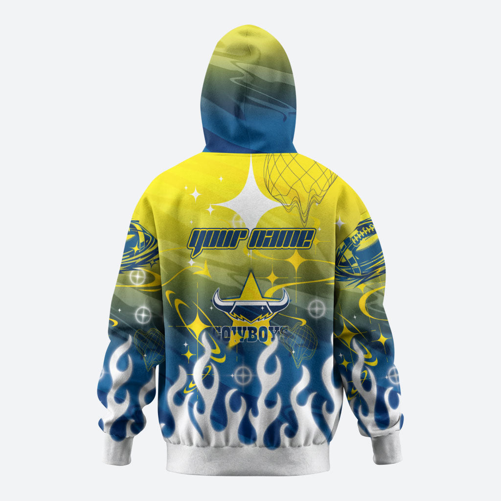 Personalized North Queensland Cowboys Hoodie Y2K Grunge Aesthetic With Cyber Flames and Starburst Graphics