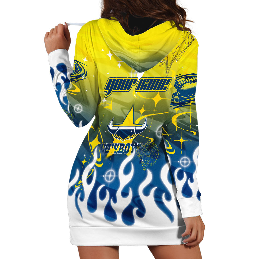 Personalized North Queensland Cowboys Hoodie Dress Y2K Grunge Aesthetic With Cyber Flames and Starburst Graphics