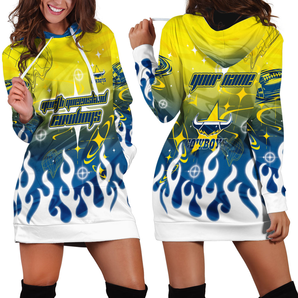 Personalized North Queensland Cowboys Hoodie Dress Y2K Grunge Aesthetic With Cyber Flames and Starburst Graphics
