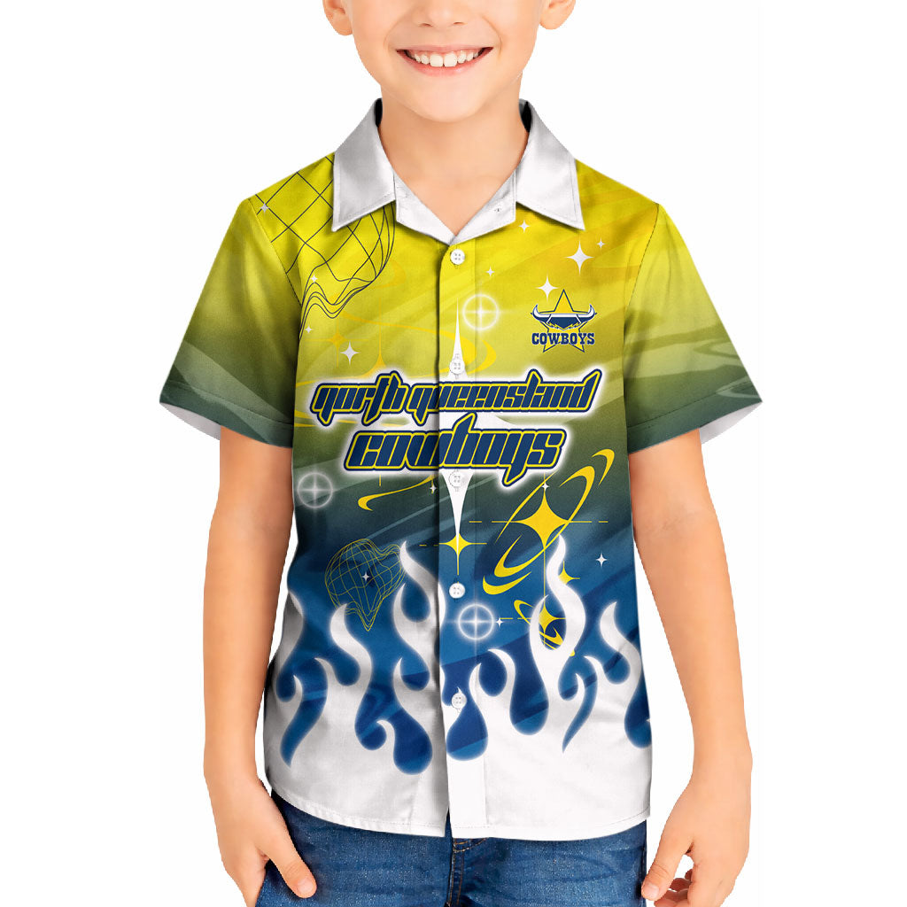 Personalized North Queensland Cowboys Kid Hawaiian Shirt Y2K Grunge Aesthetic With Cyber Flames and Starburst Graphics