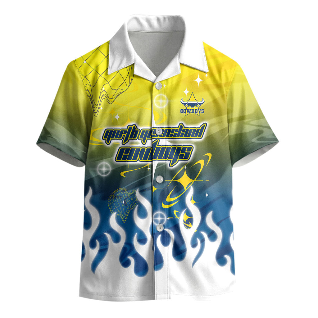 Personalized North Queensland Cowboys Kid Hawaiian Shirt Y2K Grunge Aesthetic With Cyber Flames and Starburst Graphics
