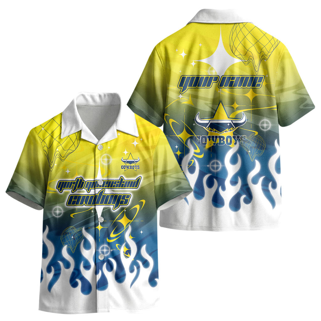 Personalized North Queensland Cowboys Kid Hawaiian Shirt Y2K Grunge Aesthetic With Cyber Flames and Starburst Graphics