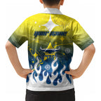 Personalized North Queensland Cowboys Kid Hawaiian Shirt Y2K Grunge Aesthetic With Cyber Flames and Starburst Graphics