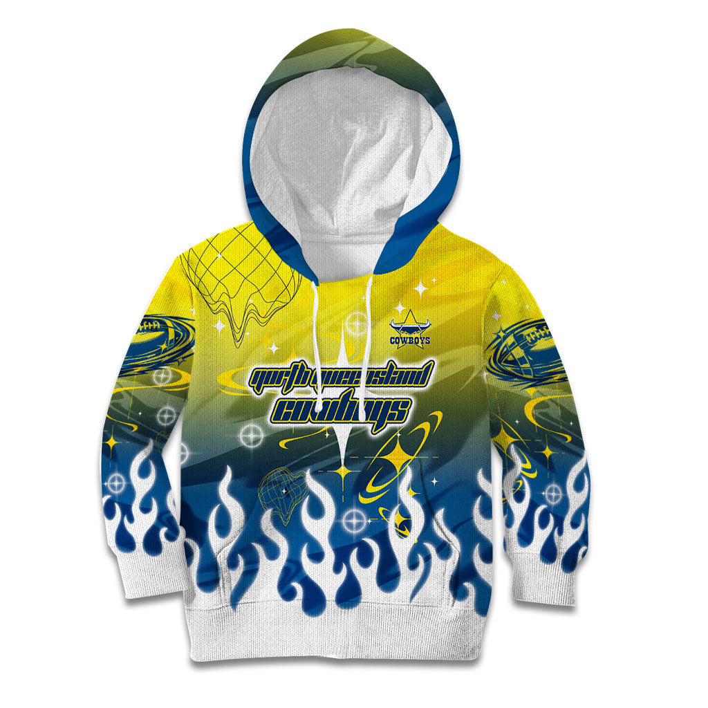Personalized North Queensland Cowboys Kid Hoodie Y2K Grunge Aesthetic With Cyber Flames and Starburst Graphics