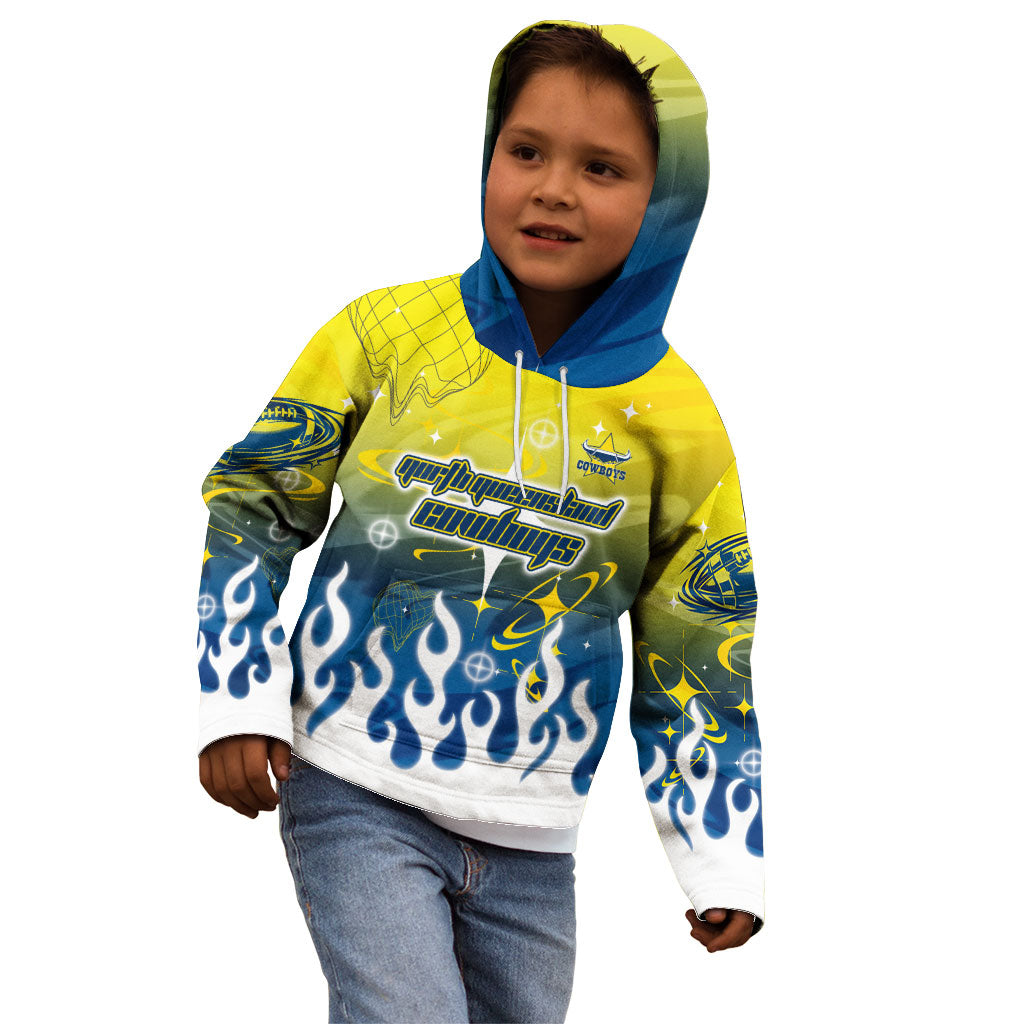 Personalized North Queensland Cowboys Kid Hoodie Y2K Grunge Aesthetic With Cyber Flames and Starburst Graphics