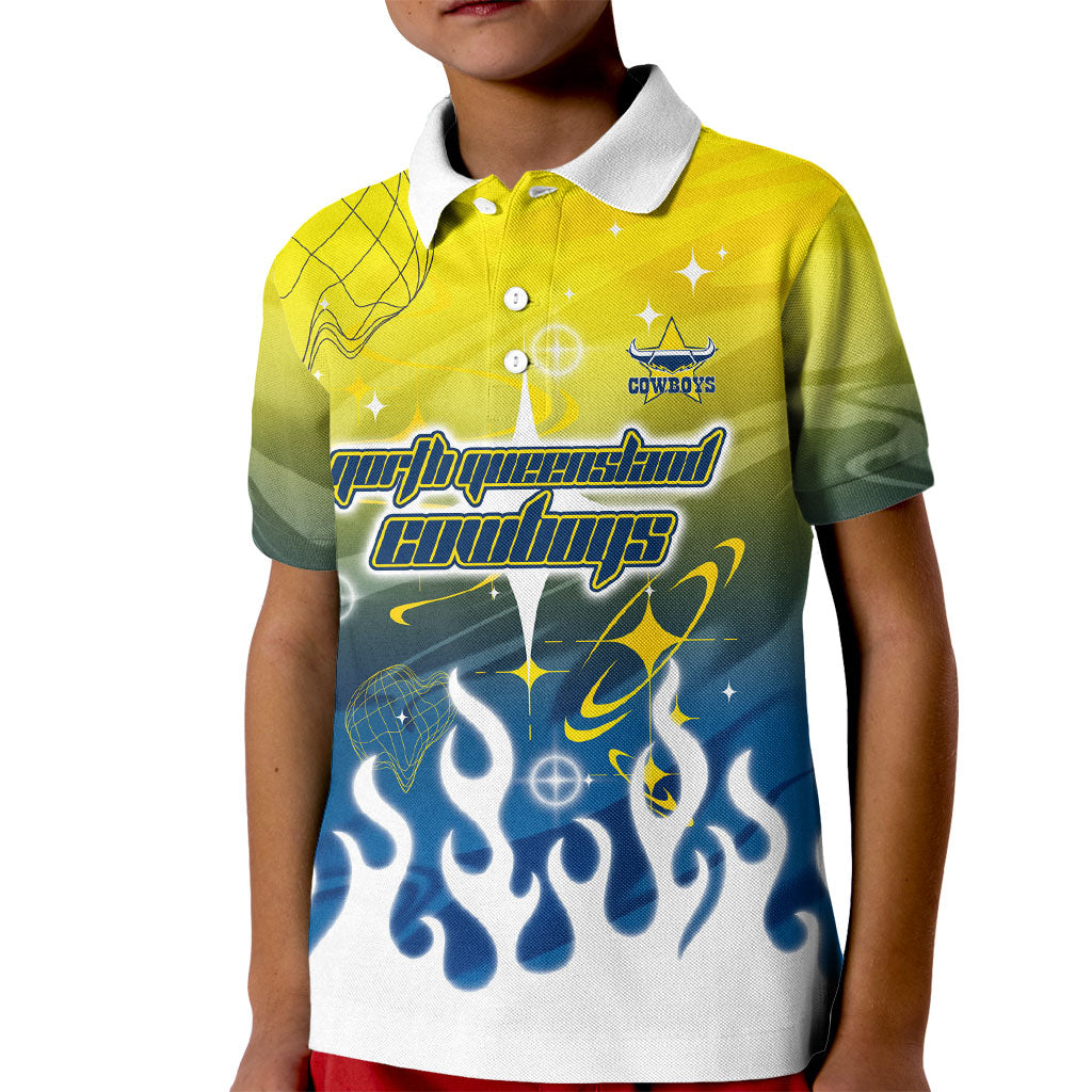 Personalized North Queensland Cowboys Kid Polo Shirt Y2K Grunge Aesthetic With Cyber Flames and Starburst Graphics