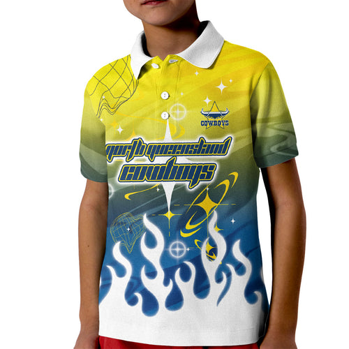 Personalized North Queensland Cowboys Kid Polo Shirt Y2K Grunge Aesthetic With Cyber Flames and Starburst Graphics