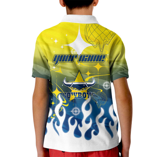 Personalized North Queensland Cowboys Kid Polo Shirt Y2K Grunge Aesthetic With Cyber Flames and Starburst Graphics
