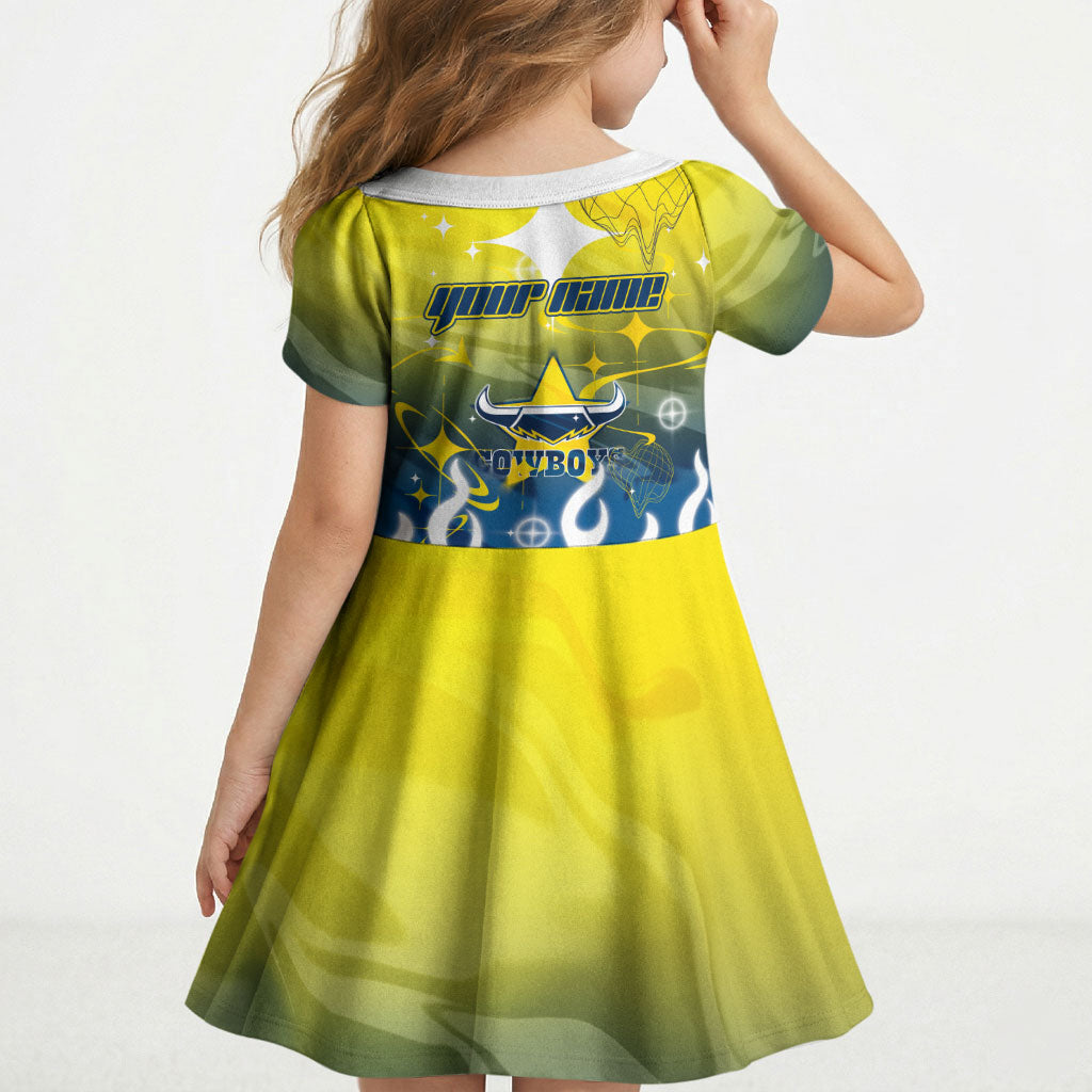 Personalized North Queensland Cowboys Kid Short Sleeve Dress Y2K Grunge Aesthetic With Cyber Flames and Starburst Graphics