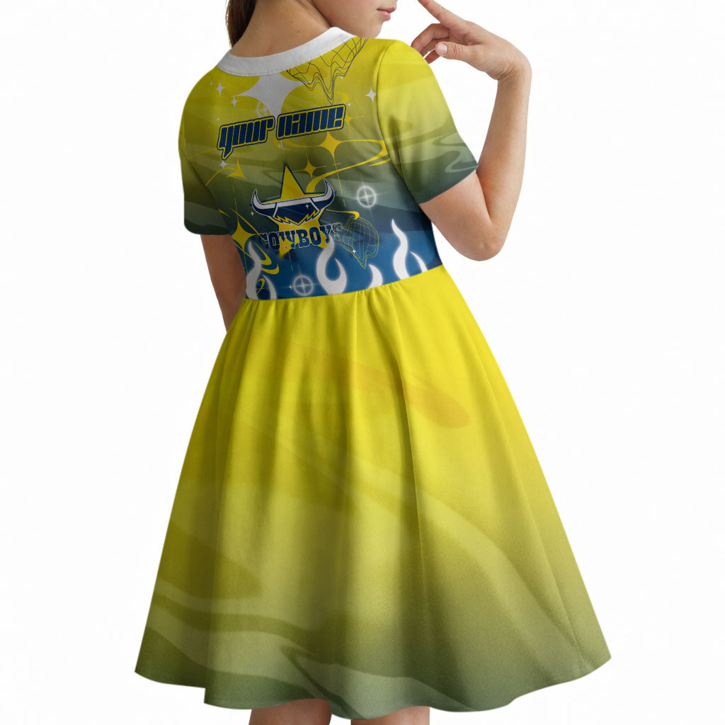 Personalized North Queensland Cowboys Kid Short Sleeve Dress Y2K Grunge Aesthetic With Cyber Flames and Starburst Graphics