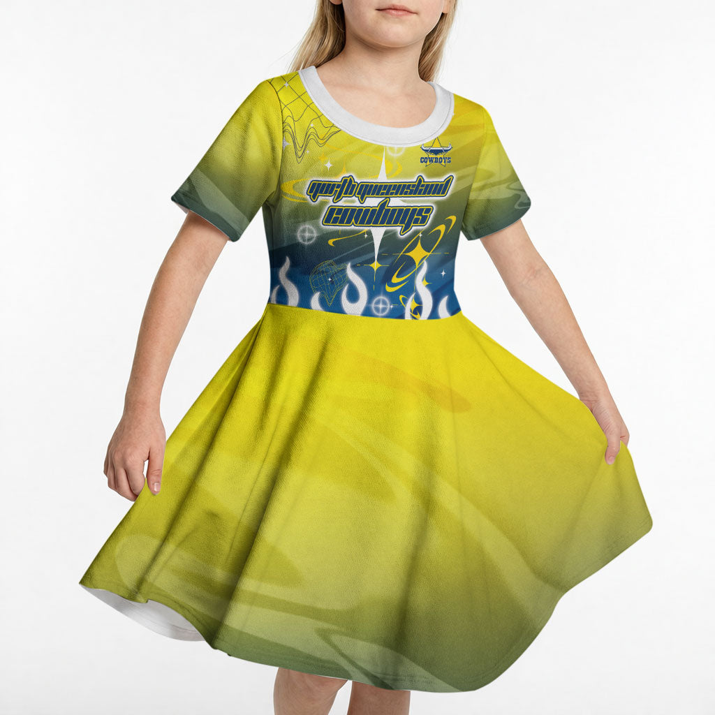 Personalized North Queensland Cowboys Kid Short Sleeve Dress Y2K Grunge Aesthetic With Cyber Flames and Starburst Graphics