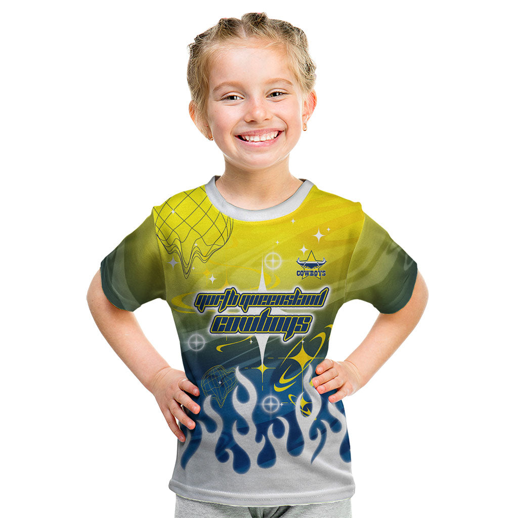 Personalized North Queensland Cowboys Kid T Shirt Y2K Grunge Aesthetic With Cyber Flames and Starburst Graphics
